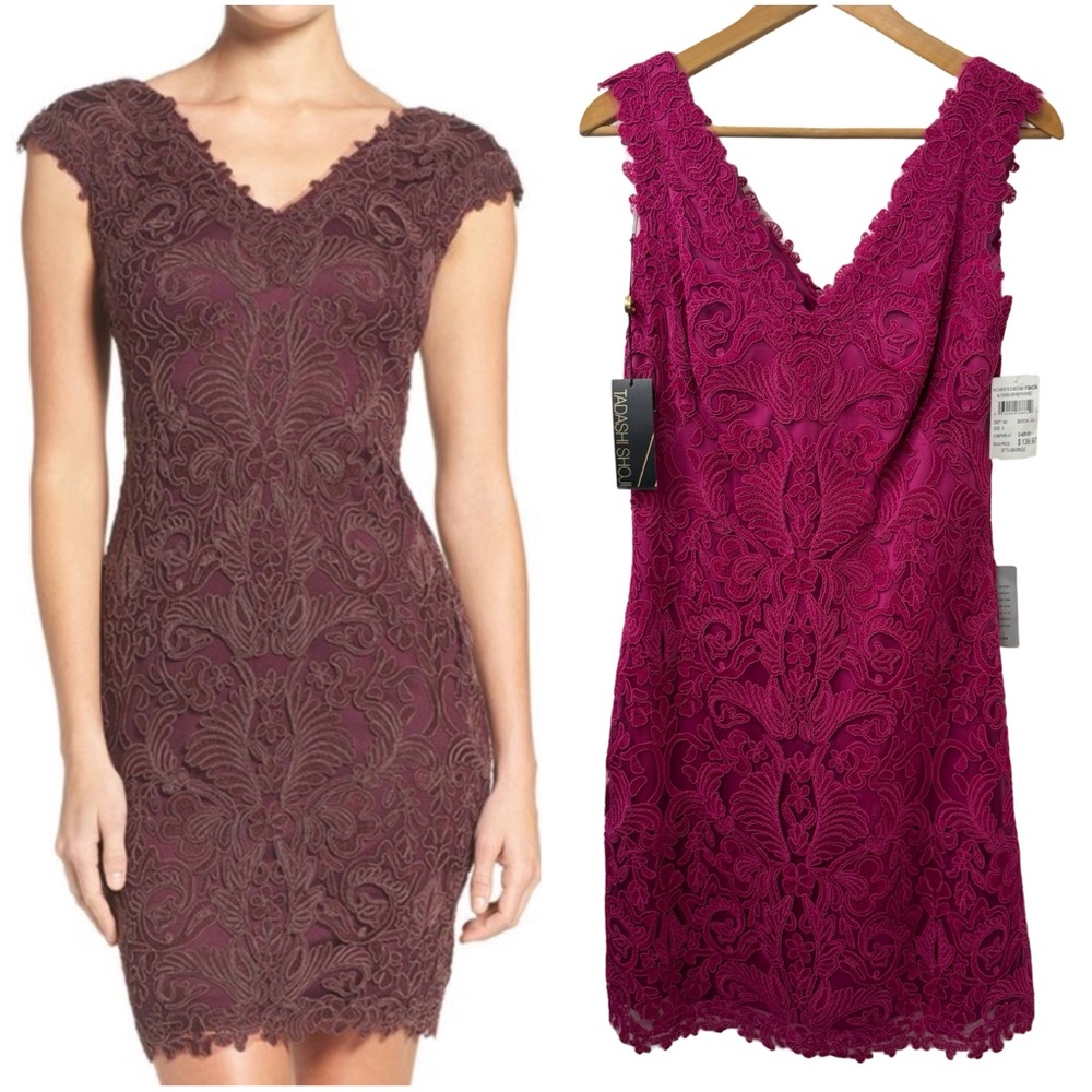NWT Tadashi Shoji Corded Lace V-Neck Tulle Sheath Dress Rosette Pink Woman’s 8